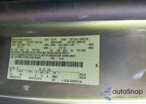 2020 Ford F-150 Xl z USA, uszkodzony, nr VIN 1FTMF1C50LFA73965